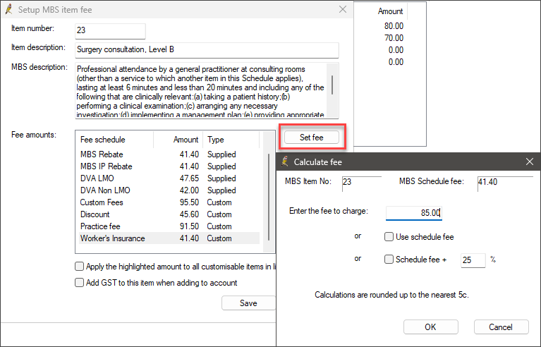 Set MBS item fee for practice schedule