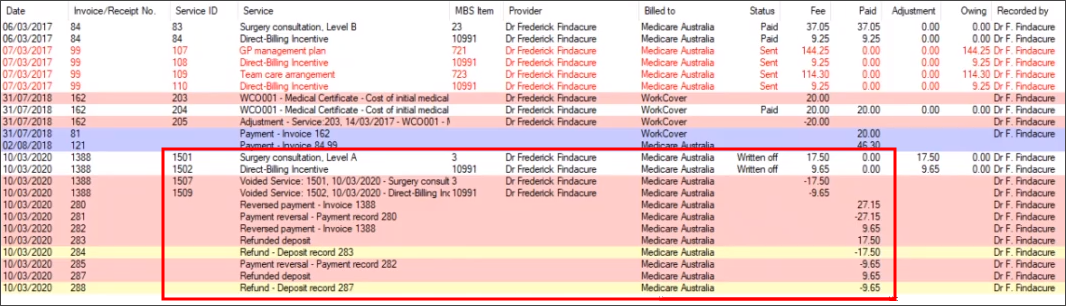 Medicare refunds in the billing history