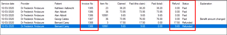 Refund and Invoice Number columns