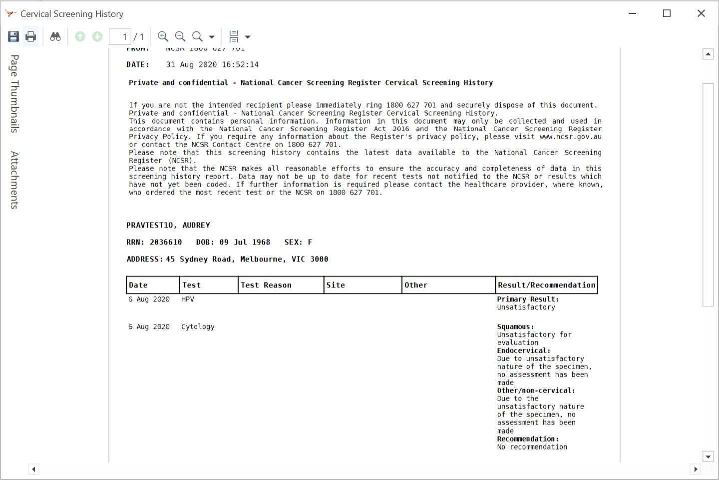 Example Cervical Screening History from the Patient NCSR History section.