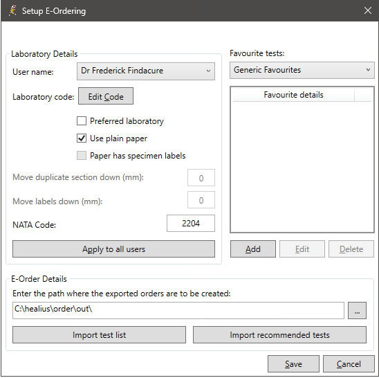 The pathology e-ordering setup screen.