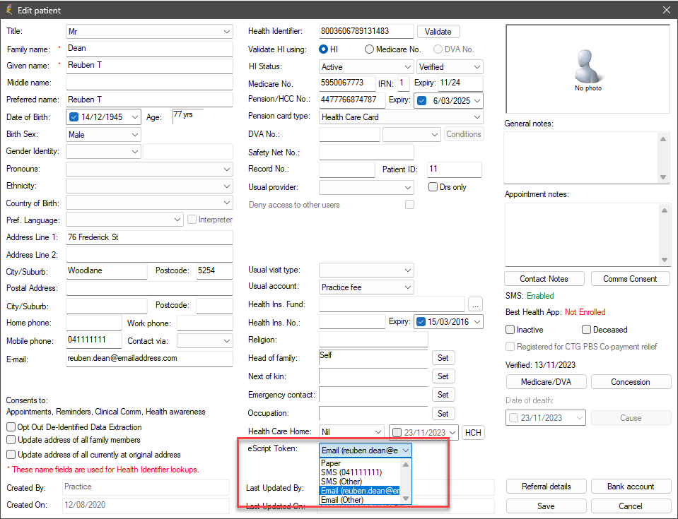 Set the patient's preferred token method