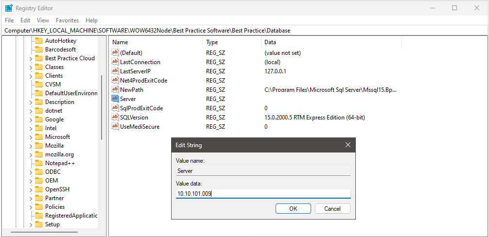 Registry Editor Server Setting