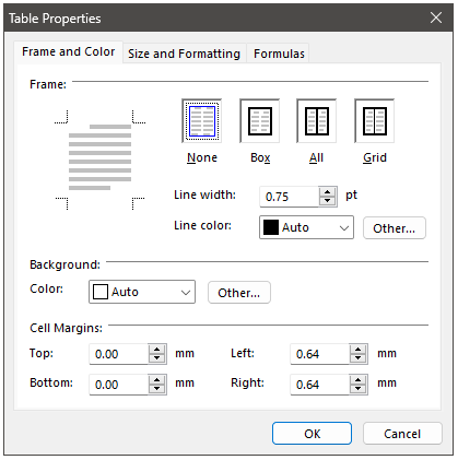 Table Properties