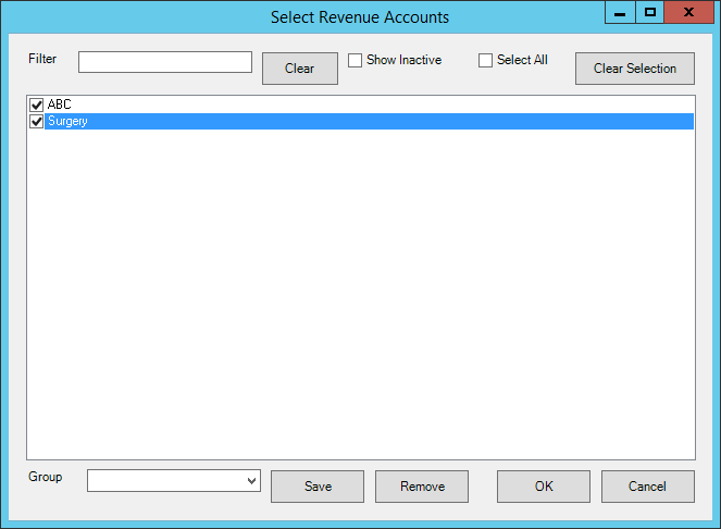 Select revenue accounts to export transactions for