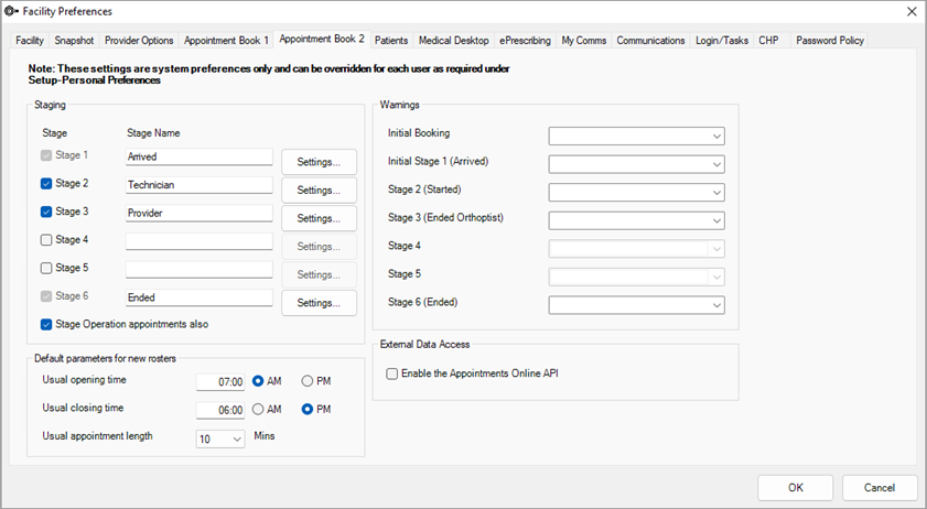 Appointment Book 2 tab of the Facility Preferences screen