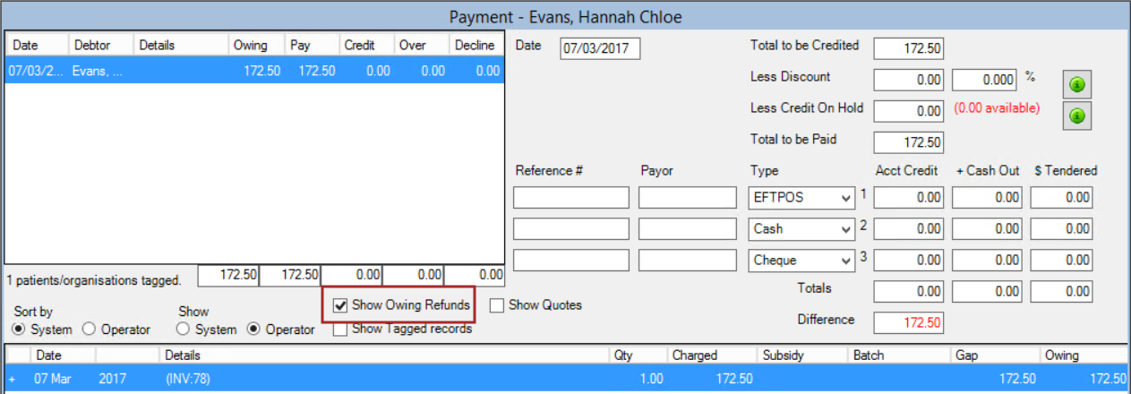 Show Owing Refunds option