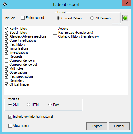 Select the parts of the patient record to export