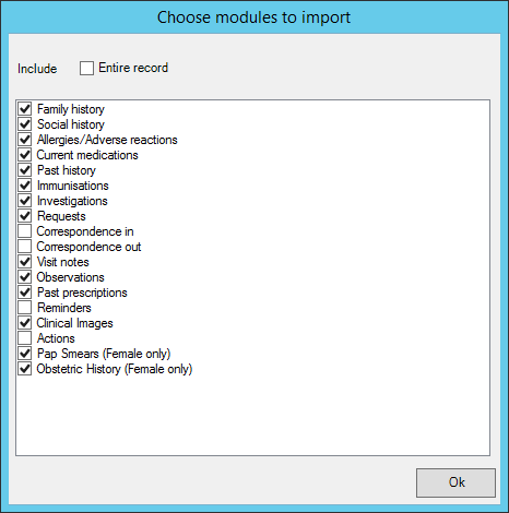 Select the parts of the patient record to import