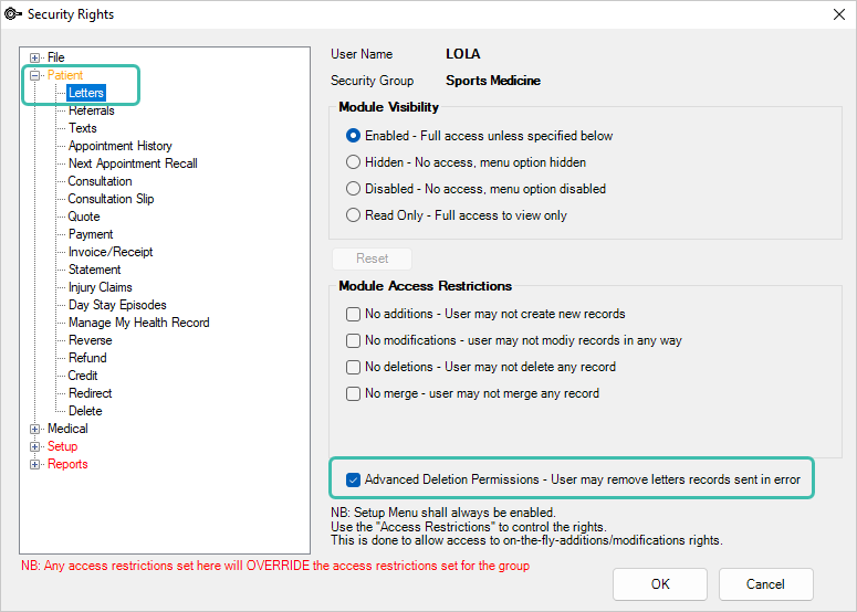 Security rights permissions to delete locked letters.