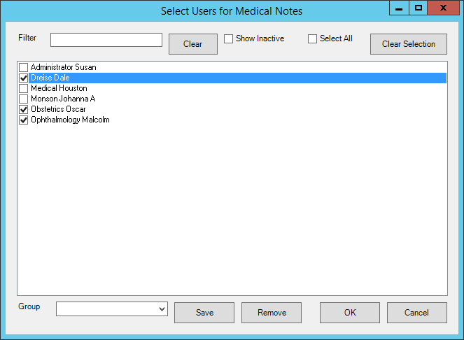 Select Users for Medical Notes screen