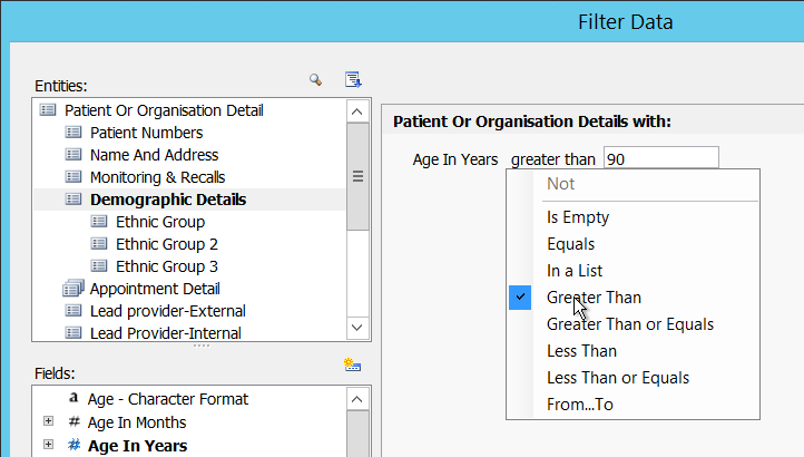 Select filter condition operator