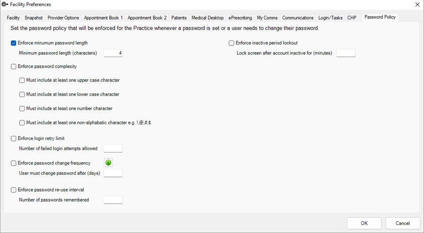 Password Policy tab of the Facility Preferences screen