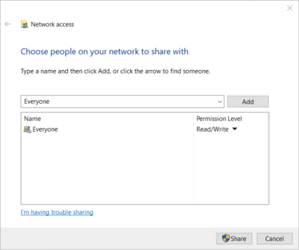 Network sharing window.
