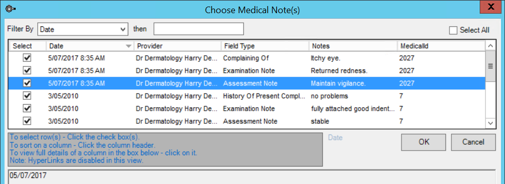 Choose Medical Notes Screen