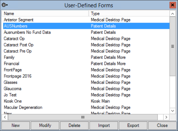 User-defined Forms List