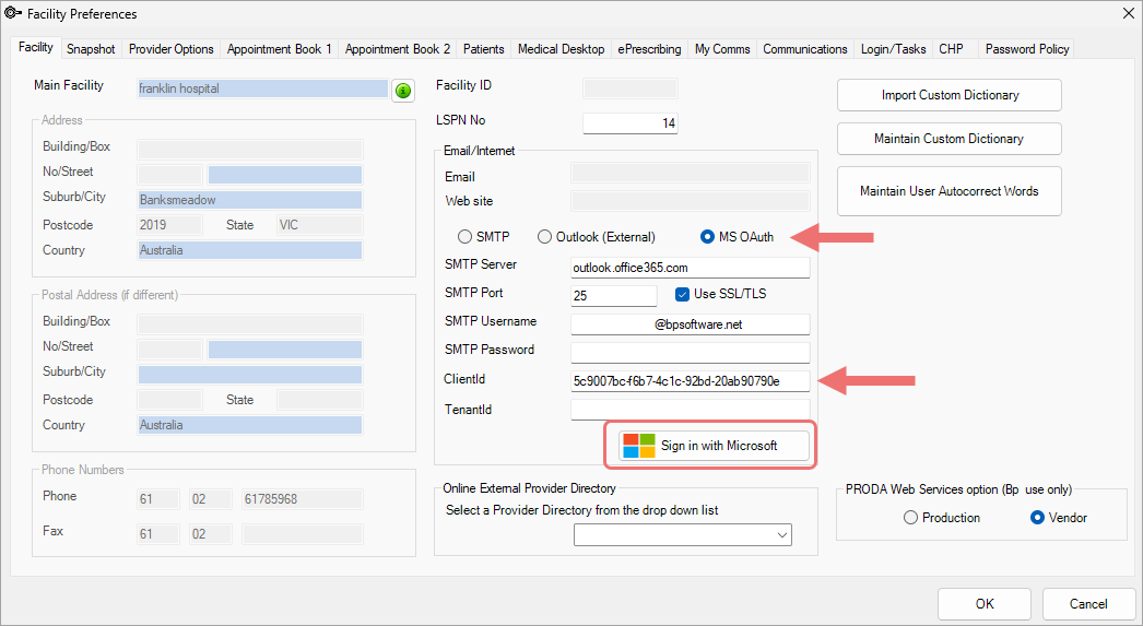 MS OAuth Email Facility Preferences